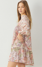 Load image into Gallery viewer, mixed floral print long sleeve babydoll mini dress - blush