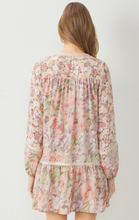 Load image into Gallery viewer, mixed floral print long sleeve babydoll mini dress - blush