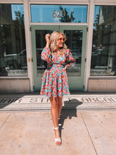 Load image into Gallery viewer, floral print square neck long sleeve mini dress - sea green