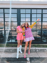 Load image into Gallery viewer, queen of sparkles: colorblock polka dot poof sleeve dress - multi