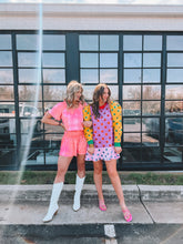 Load image into Gallery viewer, queen of sparkles: colorblock polka dot poof sleeve dress - multi