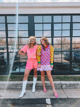 Load image into Gallery viewer, queen of sparkles: colorblock polka dot poof sleeve dress - multi