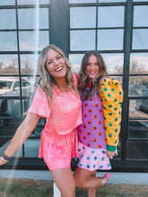 Load image into Gallery viewer, queen of sparkles: colorblock polka dot poof sleeve dress - multi