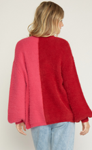 Load image into Gallery viewer, eyelash colorblock button front sweater cardigan - ruby combo
