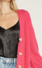 Load image into Gallery viewer, eyelash colorblock button front sweater cardigan - ruby combo