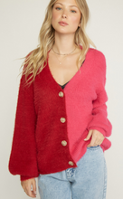 Load image into Gallery viewer, eyelash colorblock button front sweater cardigan - ruby combo