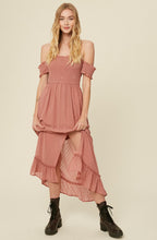Load image into Gallery viewer, swiss dot off the shoulder smocked maxi dress - dusty rose
