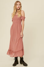 Load image into Gallery viewer, swiss dot off the shoulder smocked maxi dress - dusty rose