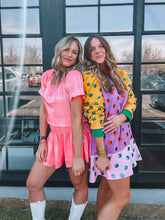 Load image into Gallery viewer, queen of sparkles: colorblock polka dot poof sleeve dress - multi