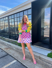 Load image into Gallery viewer, queen of sparkles: colorblock polka dot poof sleeve dress - multi