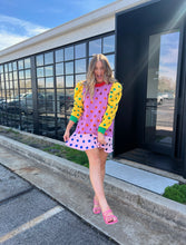 Load image into Gallery viewer, queen of sparkles: colorblock polka dot poof sleeve dress - multi