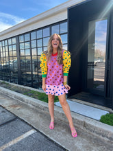 Load image into Gallery viewer, queen of sparkles: colorblock polka dot poof sleeve dress - multi