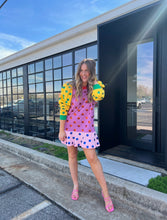 Load image into Gallery viewer, queen of sparkles: colorblock polka dot poof sleeve dress - multi