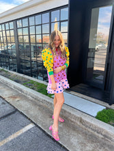 Load image into Gallery viewer, queen of sparkles: colorblock polka dot poof sleeve dress - multi