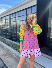 Load image into Gallery viewer, queen of sparkles: colorblock polka dot poof sleeve dress - multi