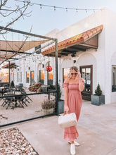 Load image into Gallery viewer, swiss dot off the shoulder smocked maxi dress - dusty rose