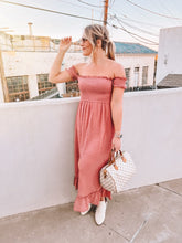 Load image into Gallery viewer, swiss dot off the shoulder smocked maxi dress - dusty rose