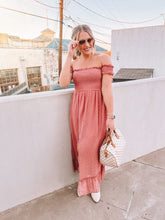 Load image into Gallery viewer, swiss dot off the shoulder smocked maxi dress - dusty rose