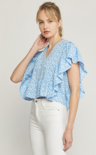 Load image into Gallery viewer, floral print butterfly sleeve ruffle top - blue