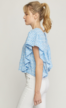 Load image into Gallery viewer, floral print butterfly sleeve ruffle top - blue