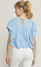 Load image into Gallery viewer, floral print butterfly sleeve ruffle top - blue