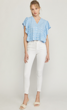 Load image into Gallery viewer, floral print butterfly sleeve ruffle top - blue