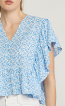 Load image into Gallery viewer, floral print butterfly sleeve ruffle top - blue