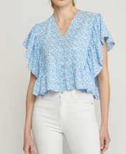 Load image into Gallery viewer, floral print butterfly sleeve ruffle top - blue