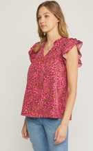 Load image into Gallery viewer, floral print v-neck ruffle sleeve top - burgundy