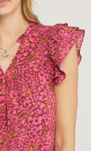 Load image into Gallery viewer, floral print v-neck ruffle sleeve top - burgundy