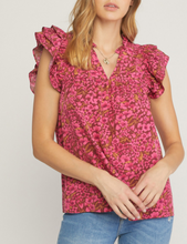 Load image into Gallery viewer, floral print v-neck ruffle sleeve top - burgundy