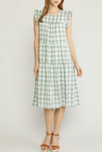 Load image into Gallery viewer, gingham print ruffle shoulder midi dress - pistachio