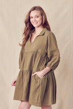 Load image into Gallery viewer, cotton shirt mini dress - ash olive