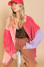Load image into Gallery viewer, shacket: colorblock corduroy jacket raw edge - neon pink / cherry
