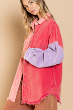 Load image into Gallery viewer, shacket: colorblock corduroy jacket raw edge - neon pink / cherry