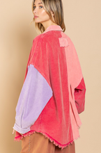 Load image into Gallery viewer, shacket: colorblock corduroy jacket raw edge - neon pink / cherry