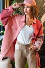 Load image into Gallery viewer, shacket: colorblock corduroy jacket raw edge - neon pink / cherry