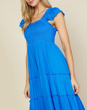 Load image into Gallery viewer, skies are blue: flutter sleeve smocked bodice midi dress - vivid blue
