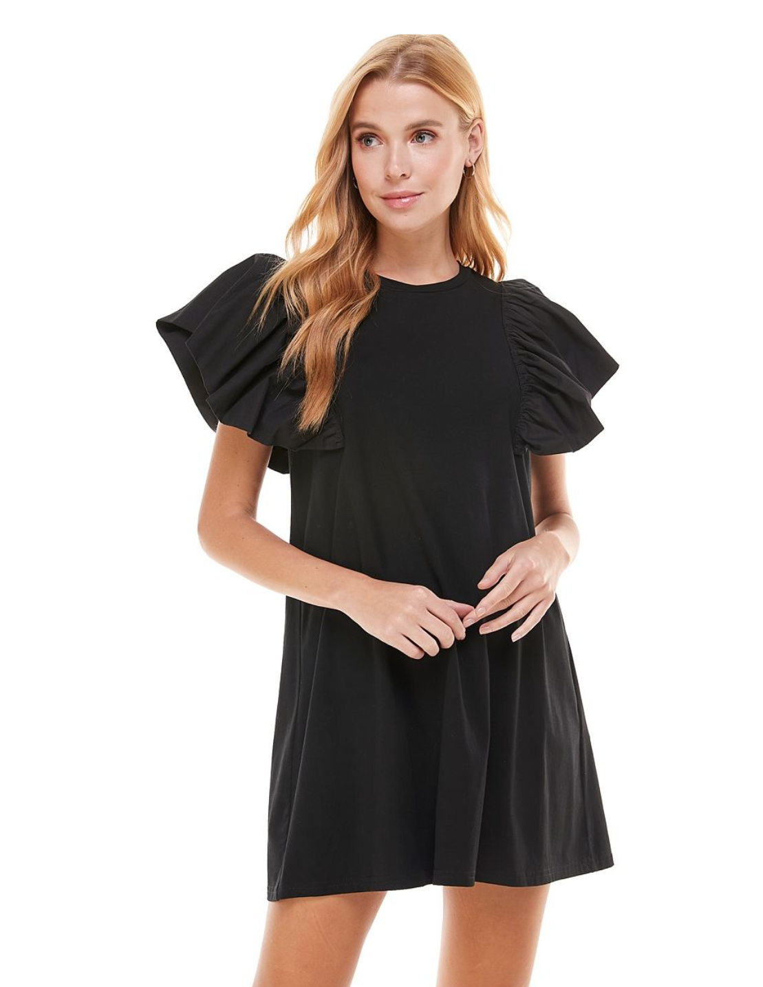 black ruffle shirt dress Womens Ruffle V-Neck T-Shirt Dress Billy T Black / XS