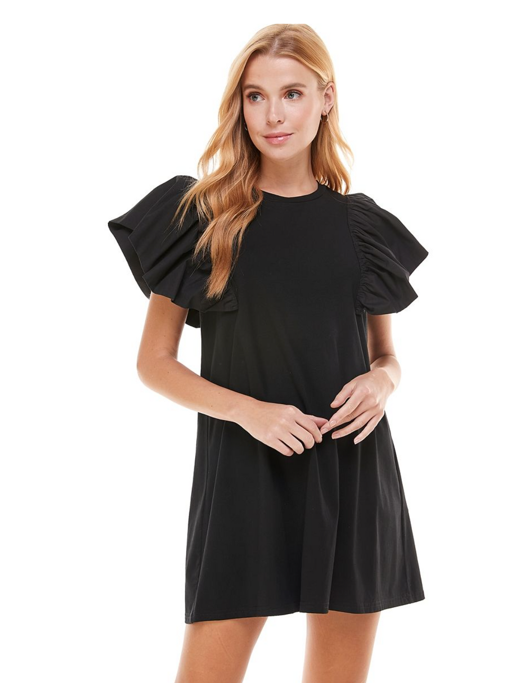 knit ruffle sleeve shirt dress - black
