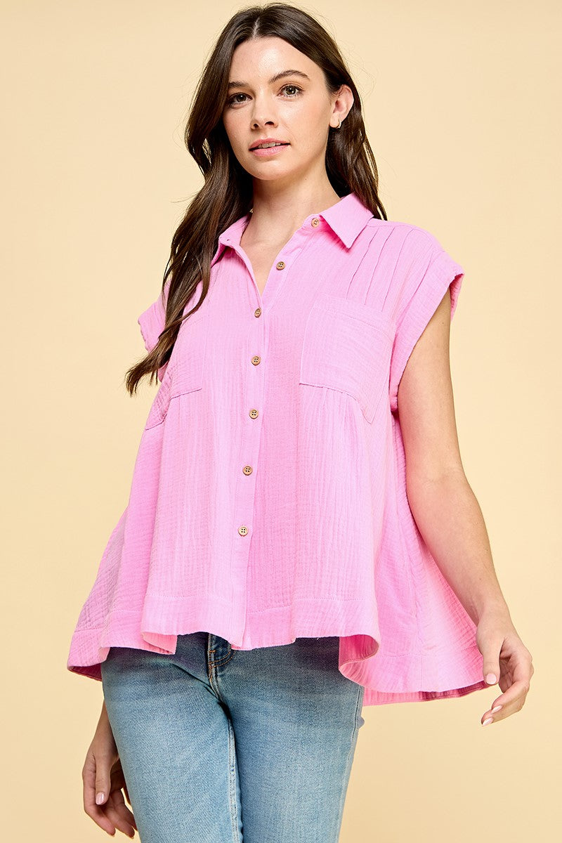 button down sleeveless collared shirt - pink
