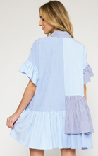 Load image into Gallery viewer, colorblock pinstripe collared mini dress - blue combo

