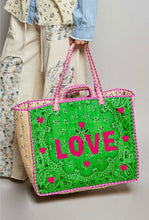 Load image into Gallery viewer, love bandana colorblock quilted tote bag - green multi
