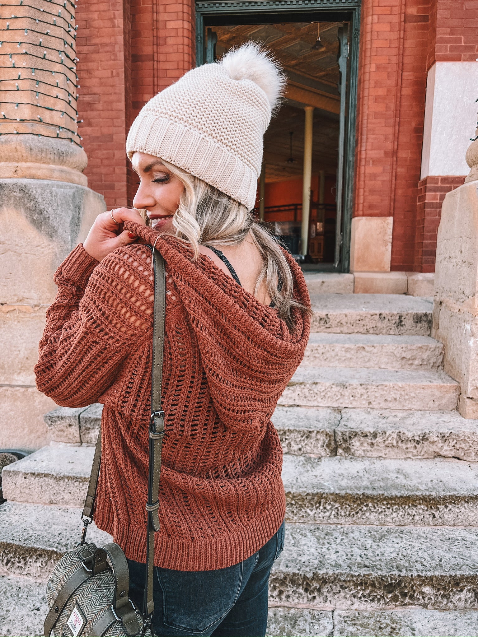 open-knit crochet hooded sweater - brick – Amanda Moore and