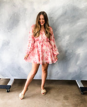 Load image into Gallery viewer, floral print long sleeve ruffled mini dress - pink floral

