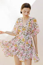 Load image into Gallery viewer, floral v-neck asymmetrical hem mini dress - pink multi
