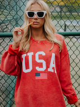Load image into Gallery viewer, charlie southern: USA flag corded sweatshirt - redcharlie southern: USA flag corded sweatshirt - red
