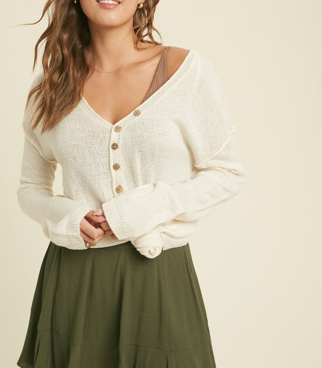 button down v-neck sweater - cream