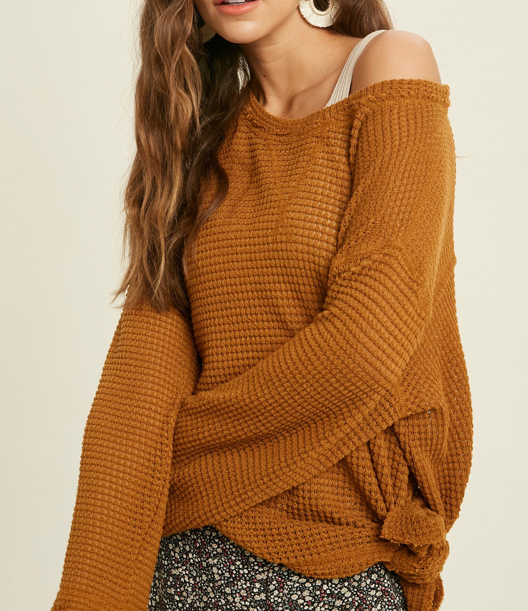 waffle knit round neck top - camel