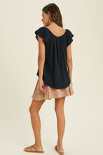 Load image into Gallery viewer, textured tulip sleeve off the shoulder top - navy 
